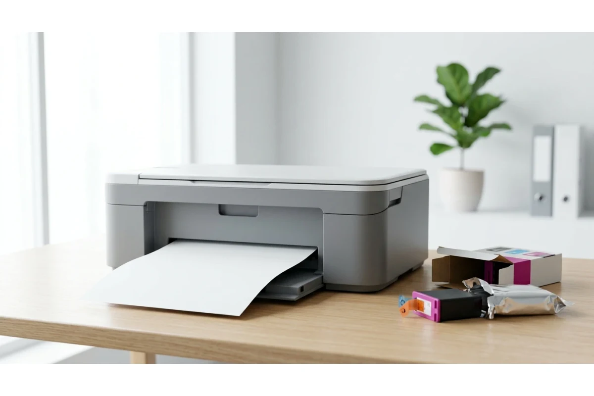 A printer producing a completely blank sheet of paper, with a newly unboxed ink cartridge still in its foil packaging sitting beside it on the desk