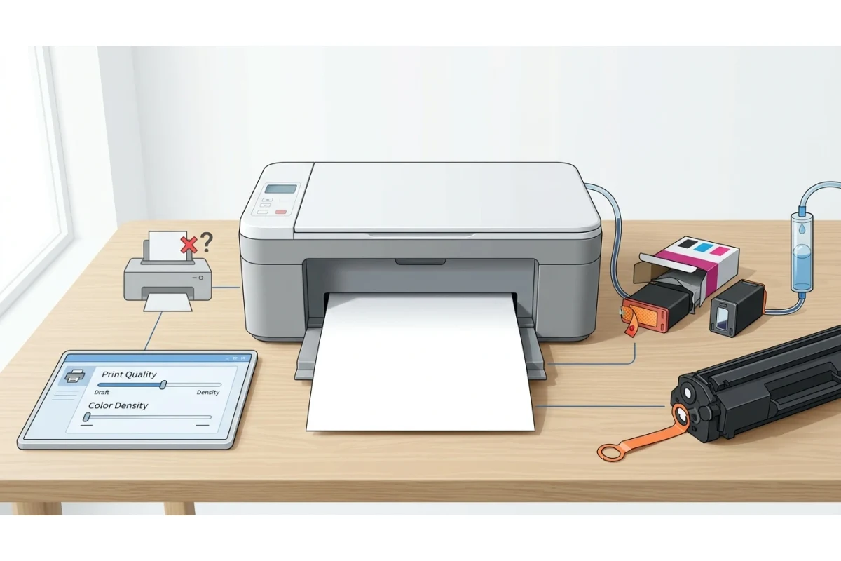 A printer with a blank page marked with a red X, next to a tablet showing print quality and color density settings, ink cartridges, and a toner cartridge