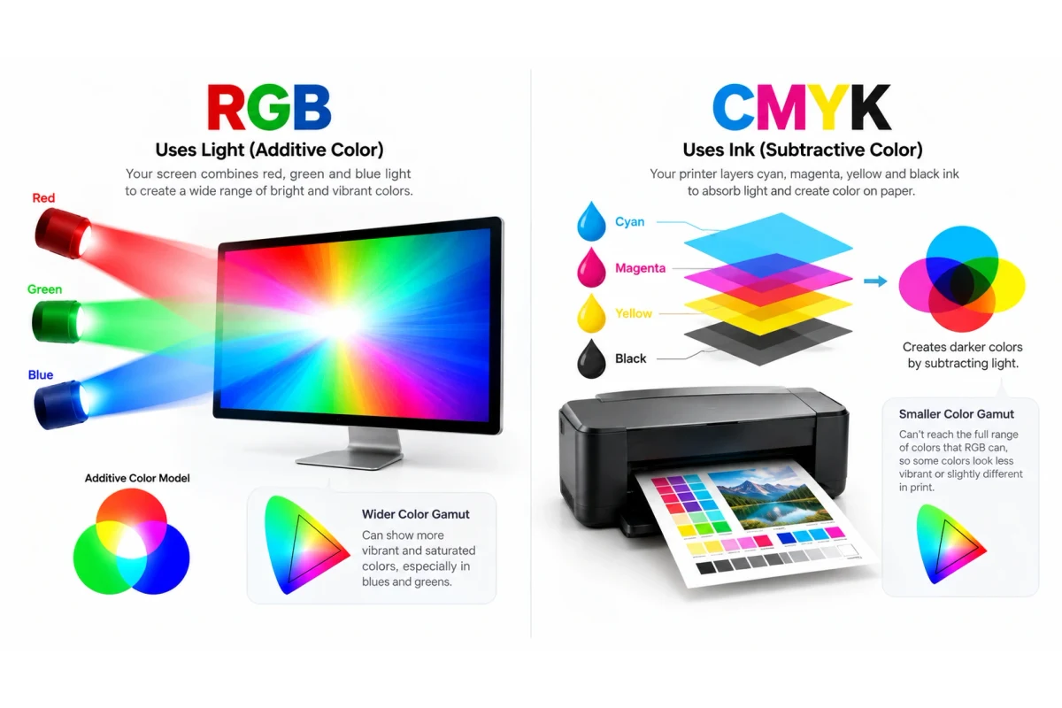 Side-by-side infographic comparing RGB, flashlights combining red, green, and blue light into white, against CMYK, cyan, magenta, yellow, and black ink layered on paper by a printer