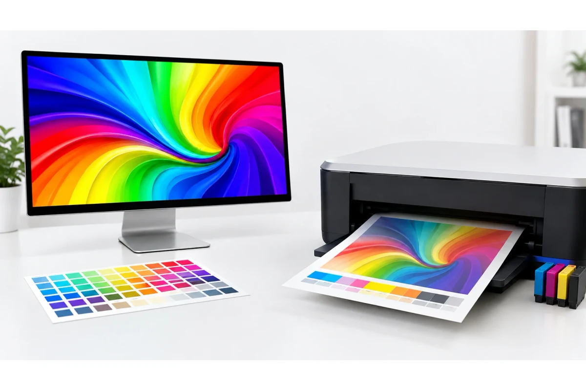 A rainbow swirl graphic showing bright and saturated on a monitor next to the same image printed by a printer, looking slightly duller on paper