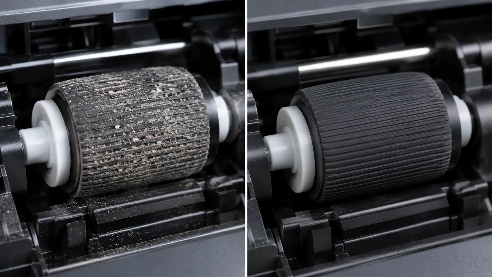 Side-by-side comparison of a dusty, debris-covered printer pickup roller next to the same roller cleaned and restored to its original texture