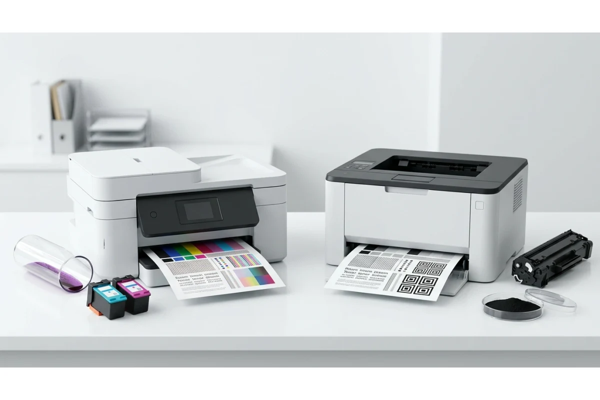 An inkjet all-in-one printer and a laser printer side by side on a desk, each producing their own test page, with ink cartridges next to the inkjet and a toner cartridge next to the laser printer
