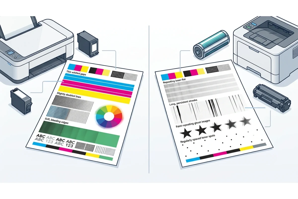Side-by-side comparison of inkjet print defects, thin white gaps, doubled lines, soft bleeding edges, against laser print defects, repeating bands, long streaks, faint ghost images, and regularly spaced toner spots