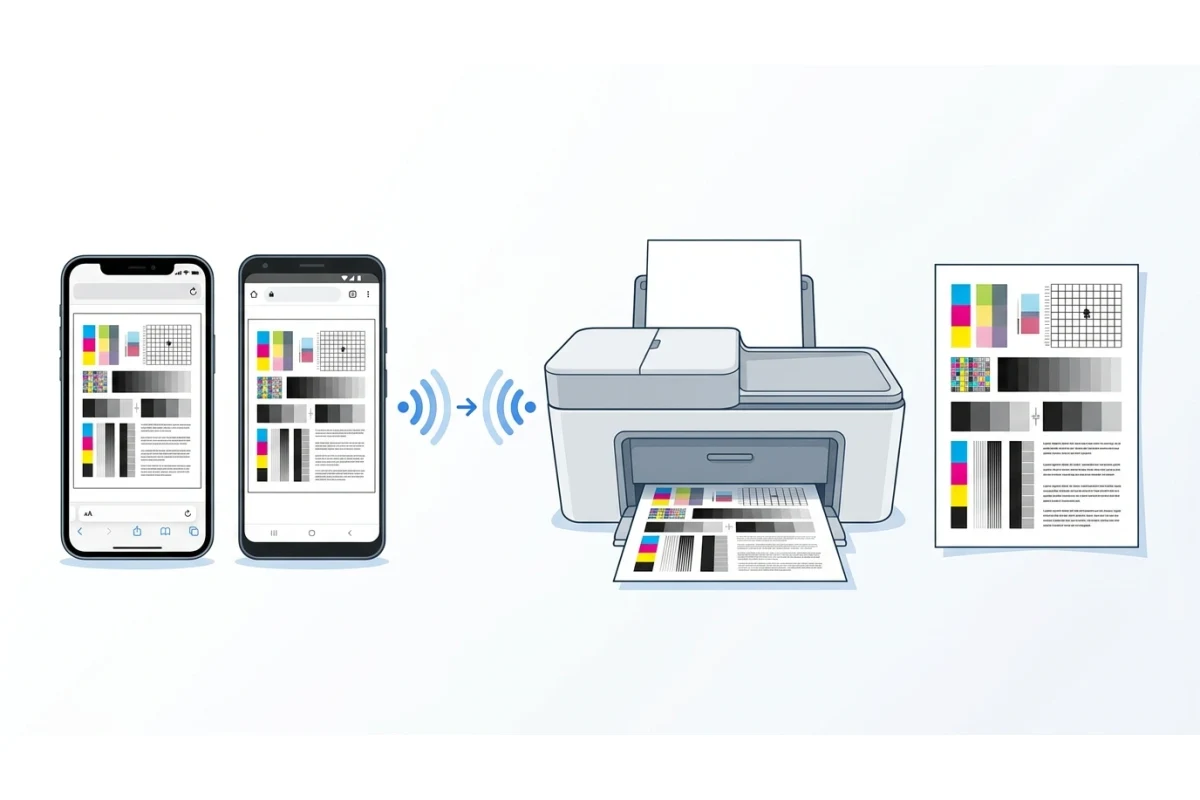 Diagram of an iPhone and an Android phone both showing a test page in their browser, connecting wirelessly to a printer that outputs the same printed test page