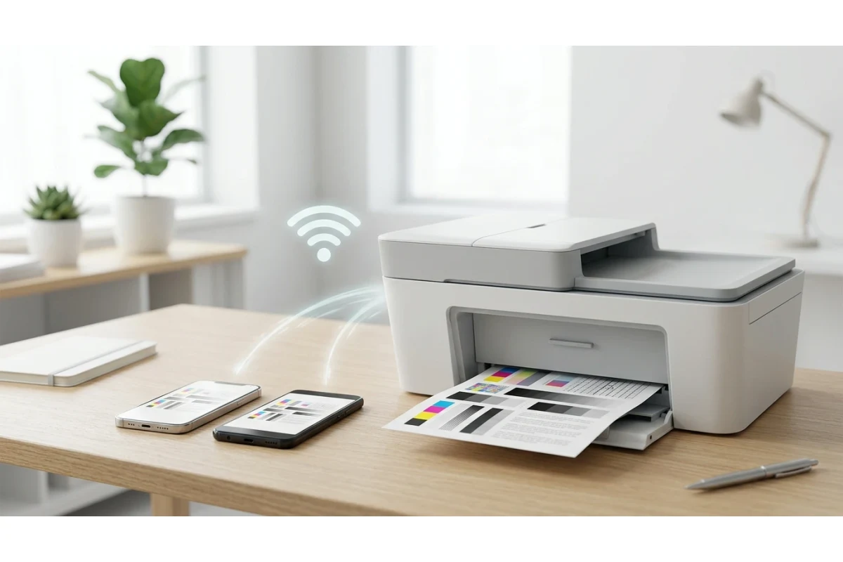 Two phones on a desk connecting wirelessly to a printer, which outputs a printed color test page
