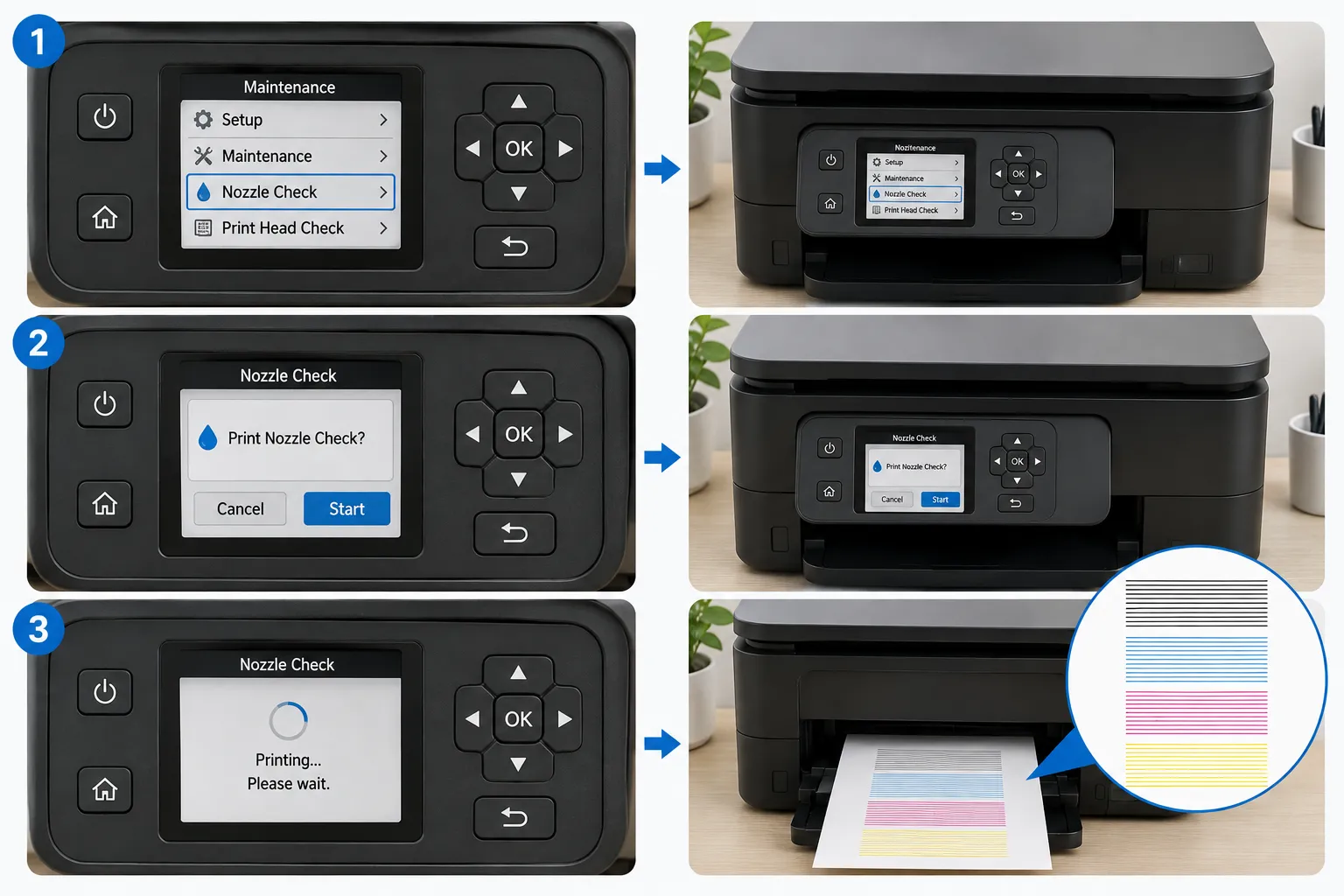 Steps to run a nozzle check from a printer's control panel maintenance menu