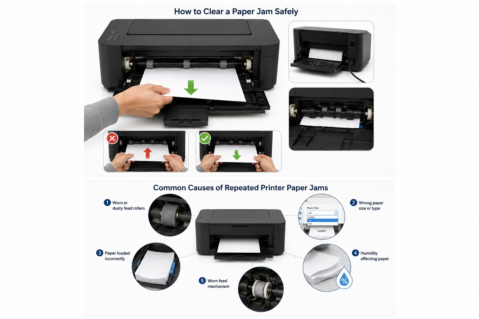 Diagram showing five common causes of repeated printer paper jams: worn rollers, wrong paper size, incorrect loading, humidity, and worn feed mechanism