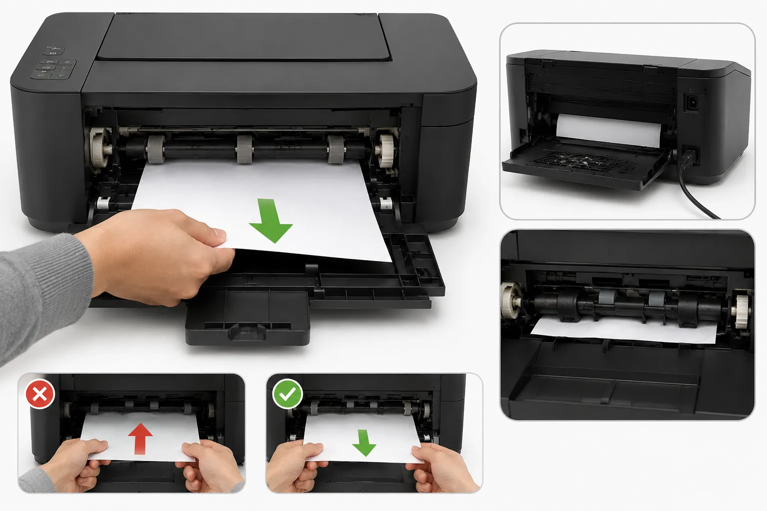 Hand pulling jammed paper gently in the correct feed direction out of a printer