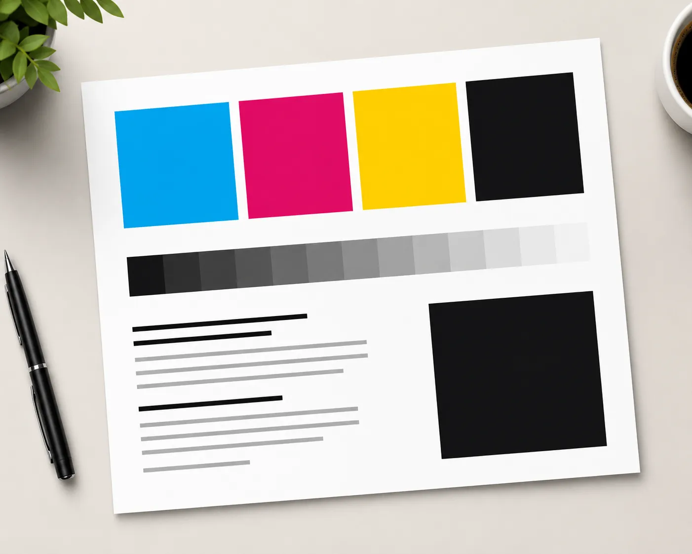 Diagram of a printer test page showing four color blocks, a grayscale gradient strip, sample text lines, and a solid black block