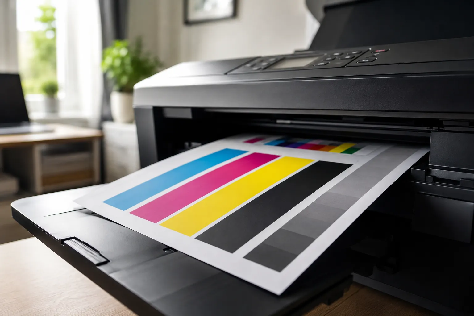 Close-up of a printer ejecting a test page showing color bars, a grayscale gradient, and sample text