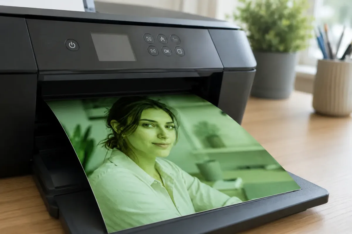 A photo printing with an incorrect green color cast, a common printer color calibration problem