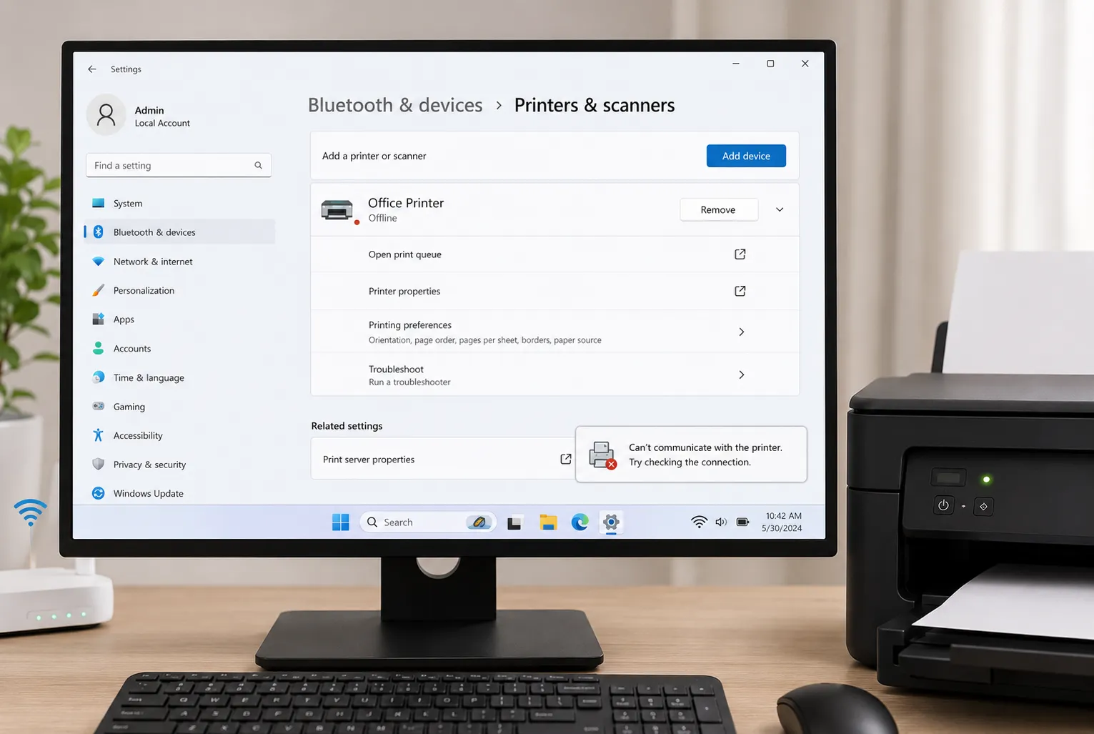Windows Printers & Scanners settings showing an office printer marked as Offline