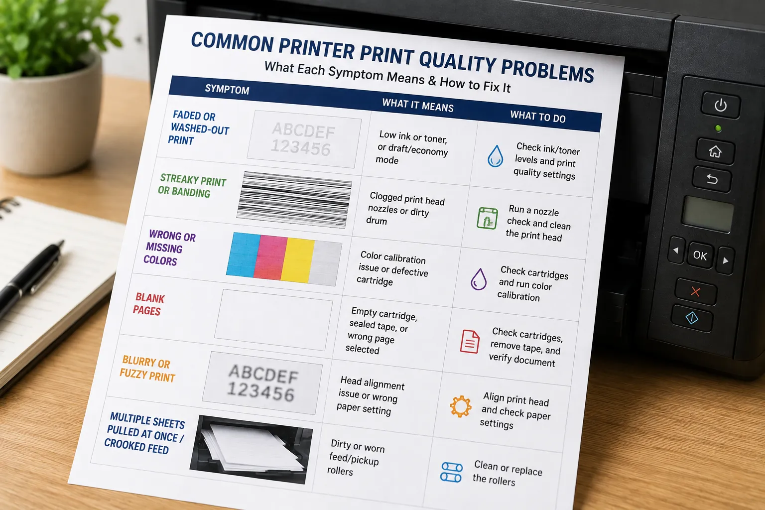 Reference chart titled Common Printer Print Quality Problems showing what each symptom means and how to fix it