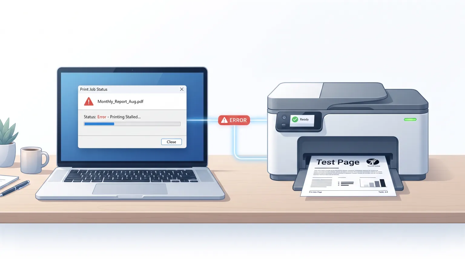 Laptop showing a stalled print job error next to a printer that has successfully printed a test page