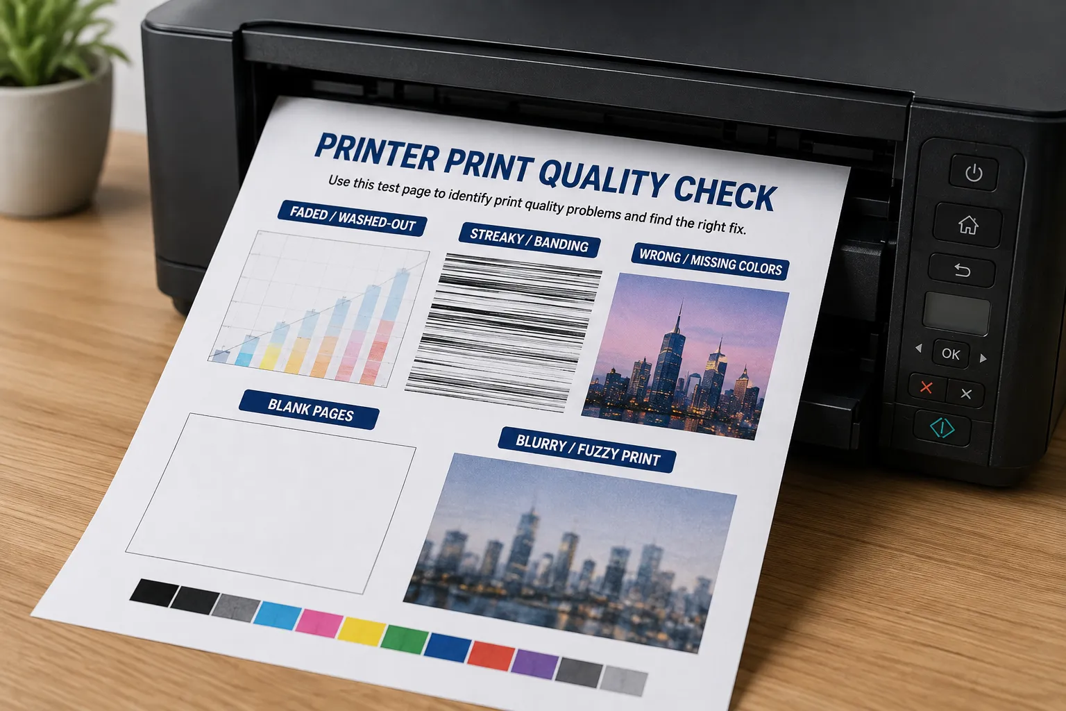 A printed diagnostic test page showing labeled sections for faded, streaky, wrong color, blank, and blurry print quality problems
