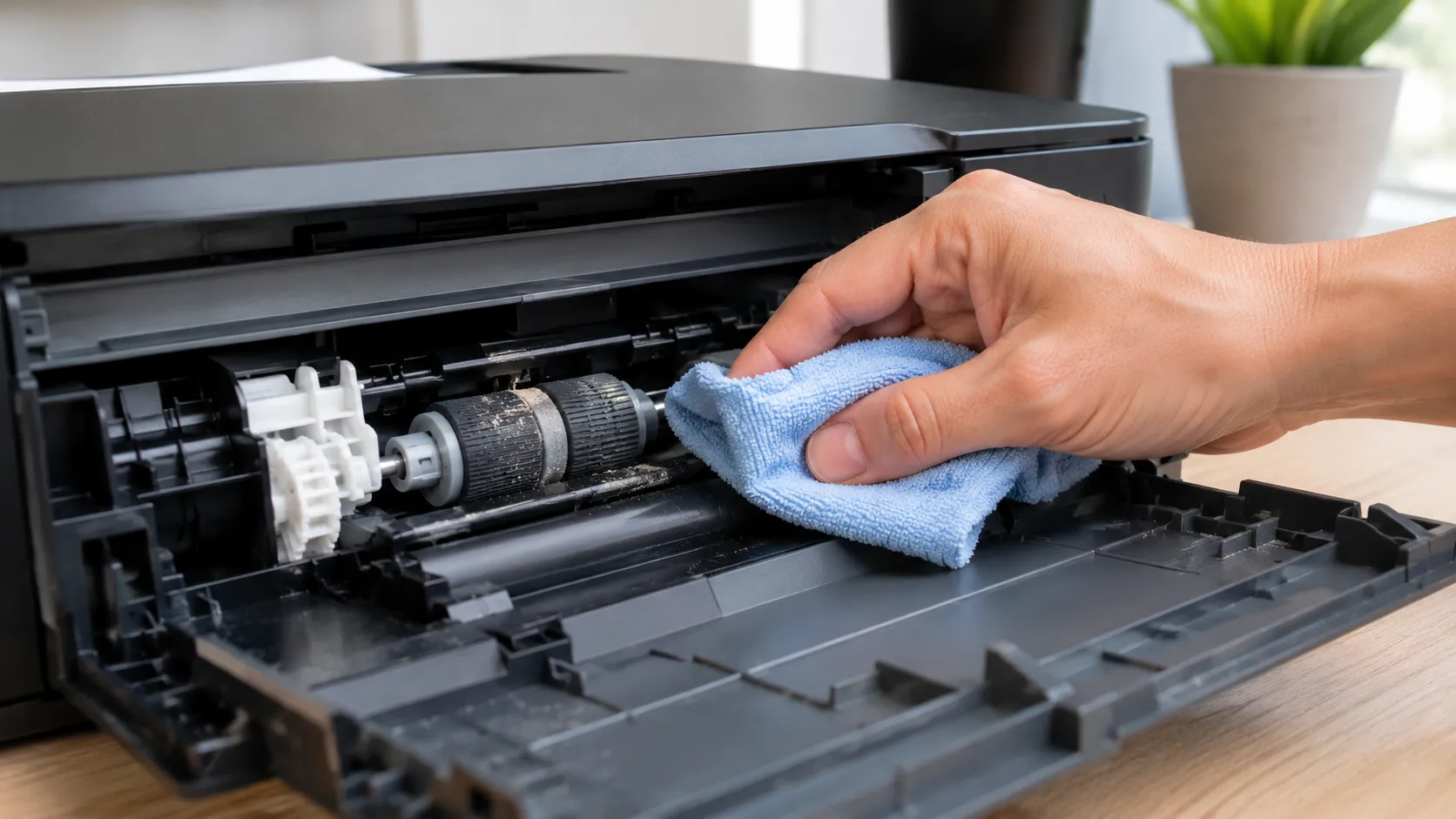 A hand wiping a printer's pickup roller with a blue microfiber cloth