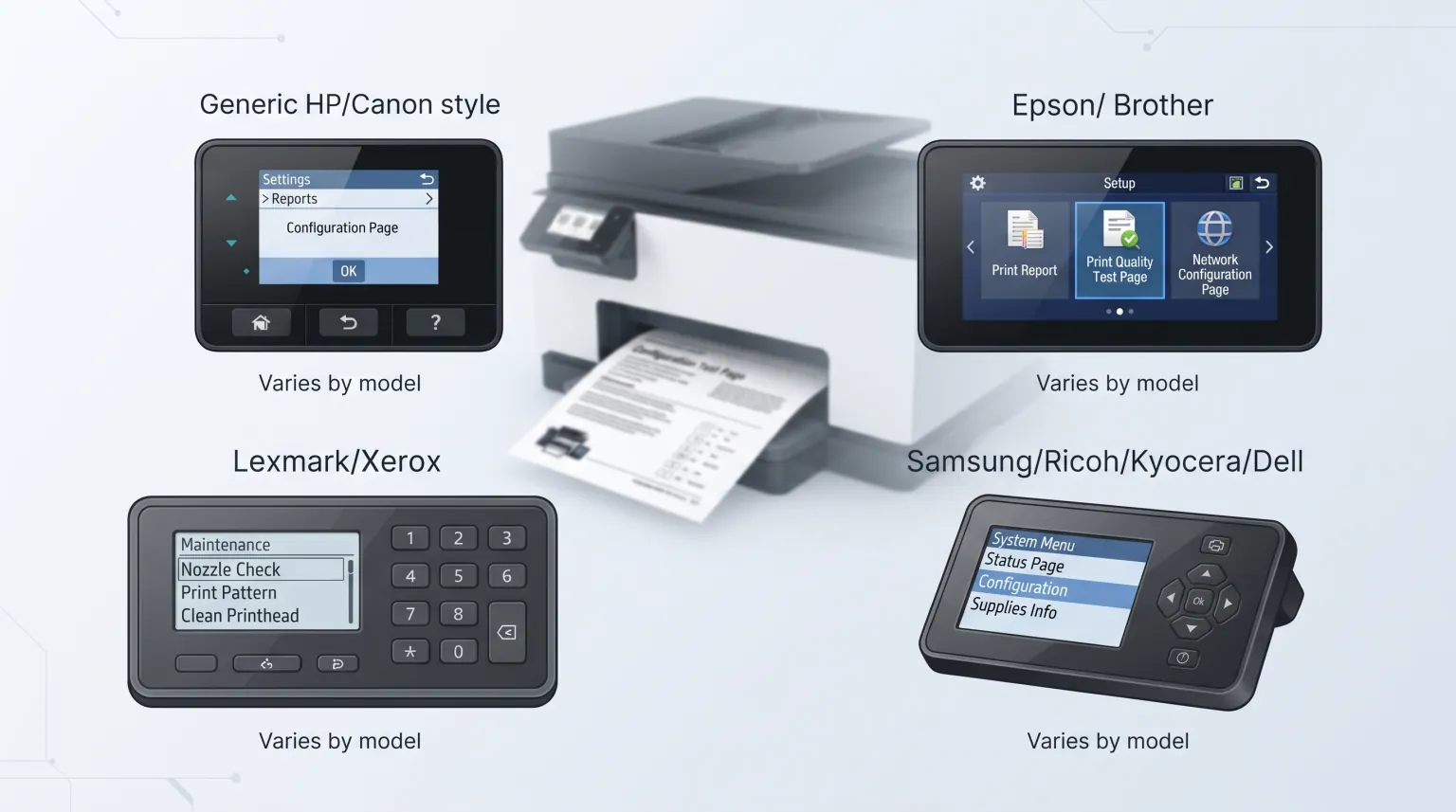 Printer control panel menus across HP, Epson, Lexmark, and Samsung-style printers showing where to find the self-test or configuration page option