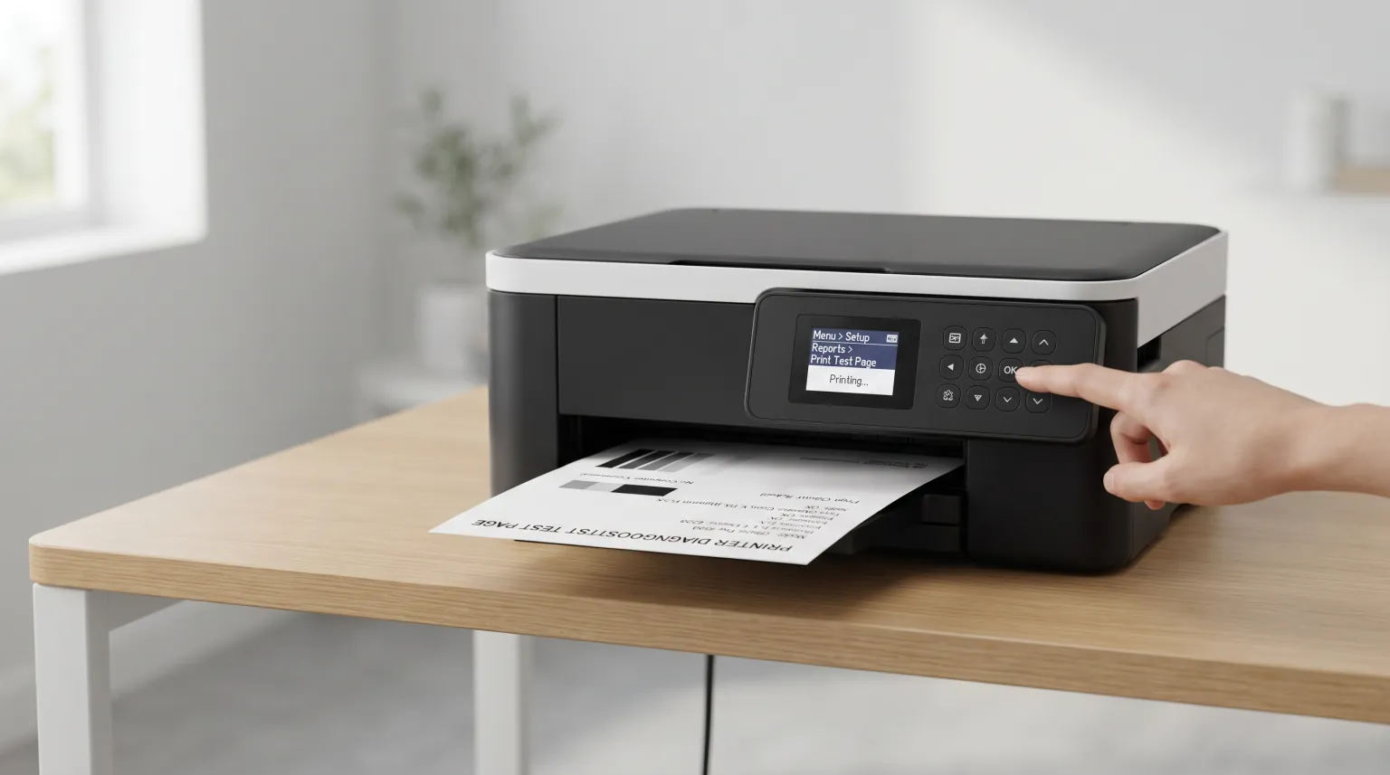 A hand pressing the print test page button on a printer's control panel while it prints a diagnostic test page
