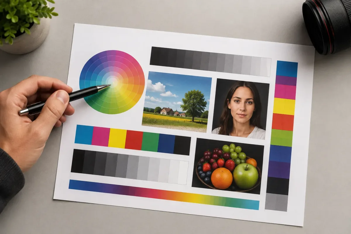 A printed color test page showing a color wheel, grayscale bars, and photo samples being reviewed by hand