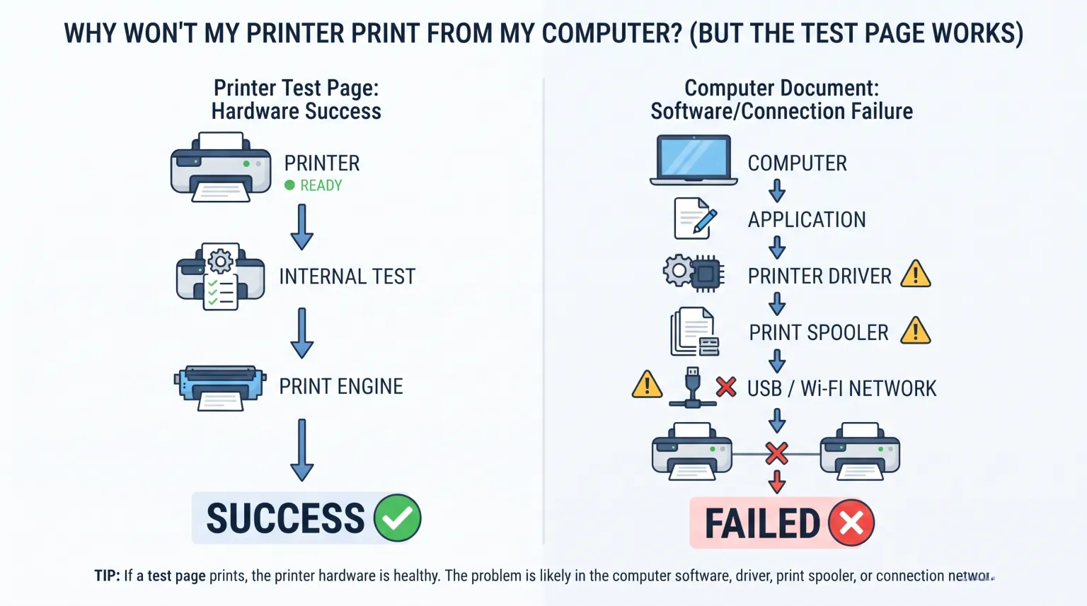 Diagram comparing the printer's internal test page path, which succeeds, to a computer document's path through the driver, print spooler, and connection, which fails