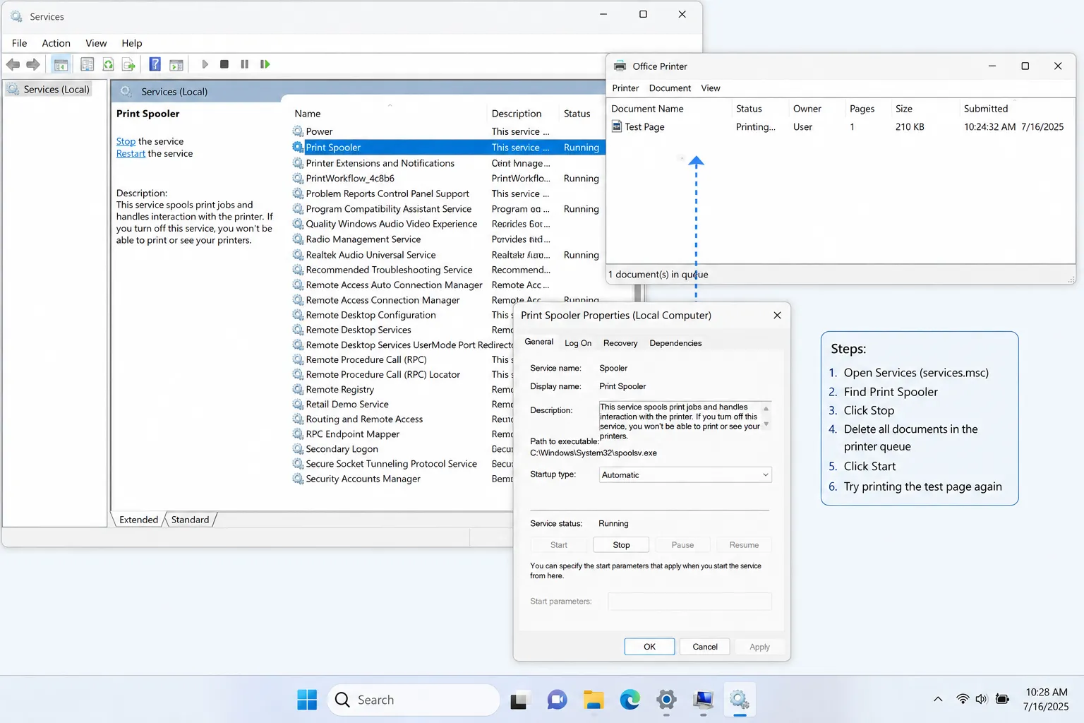Steps to restart the Windows Print Spooler service and clear a stuck test page job