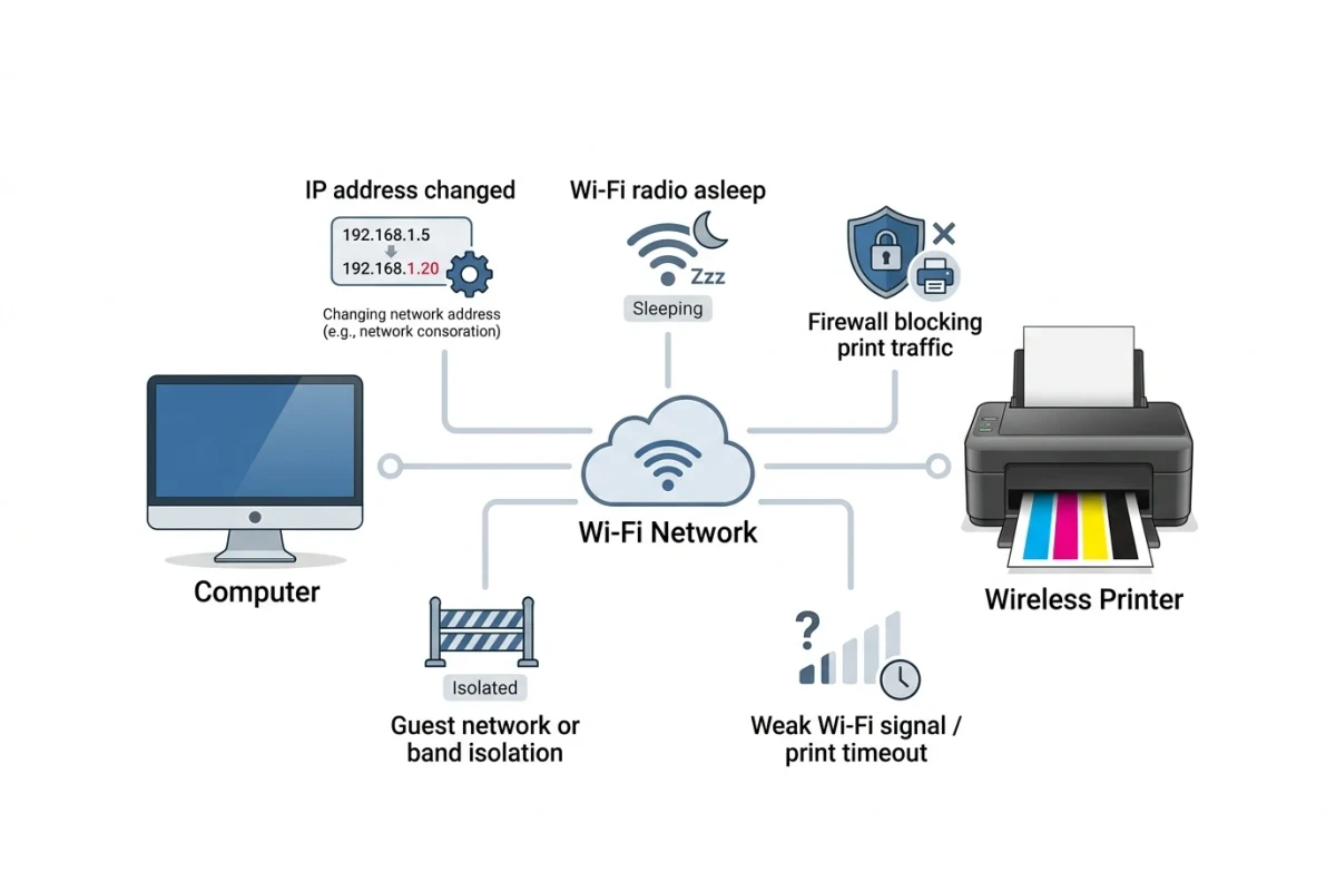 Diagram of a Wi-Fi network showing five separate points of failure between a computer and a wireless printer: a changed IP address, a sleeping Wi-Fi radio, a firewall blocking print traffic, guest network isolation, and a weak signal