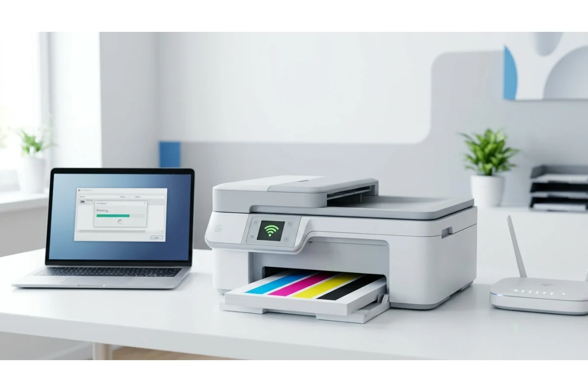 Two phones on a desk connecting wirelessly to a printer, which is producing a printed color test page
